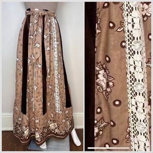 Vintage 1970s Mocha Brown Floral Lace Brown Velvet Patchwork Maxi Skirt, Mr Hank